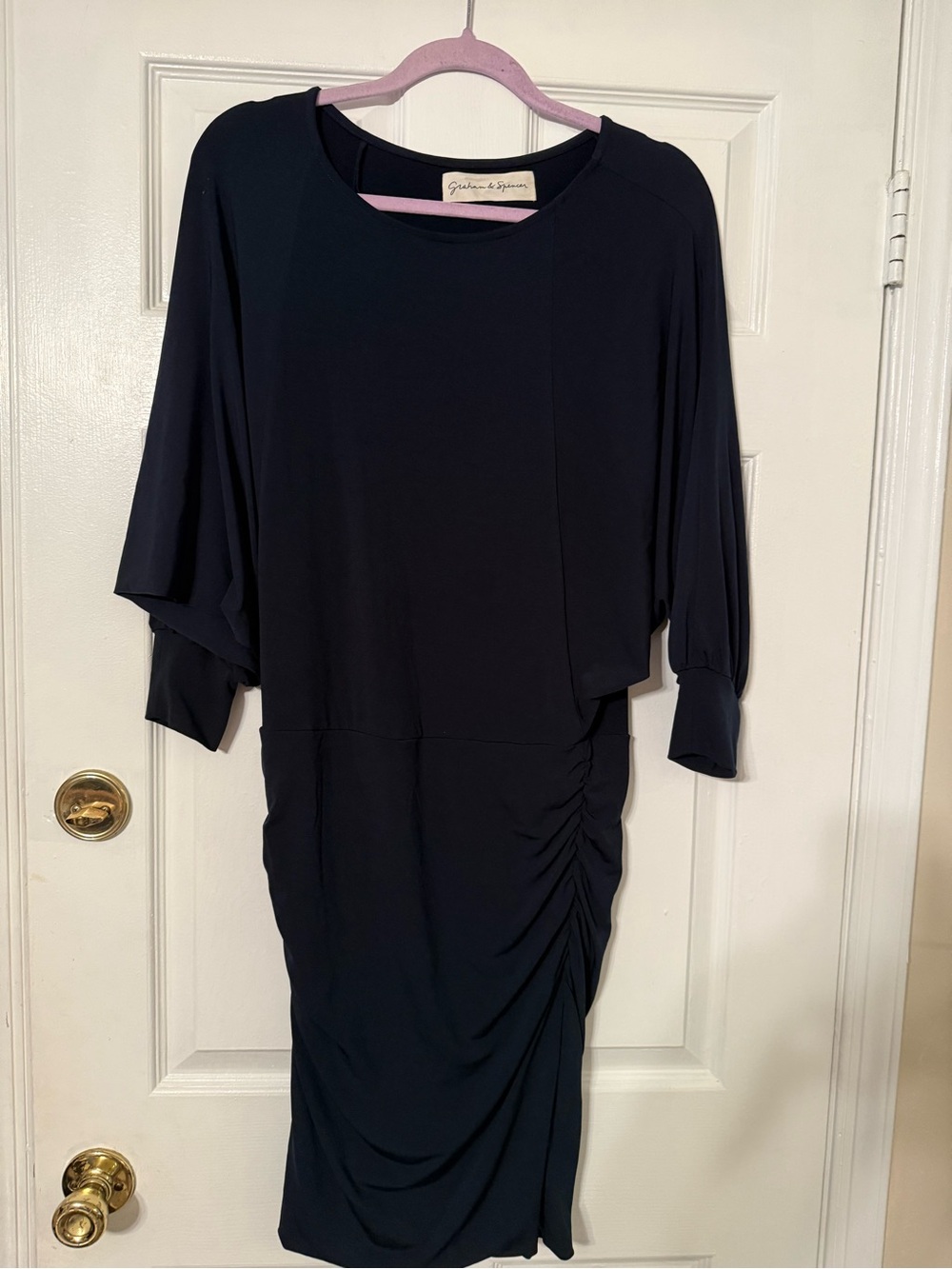 Graham & Spencer  Navy Draped Ruched Long Sleeve Midi Dress